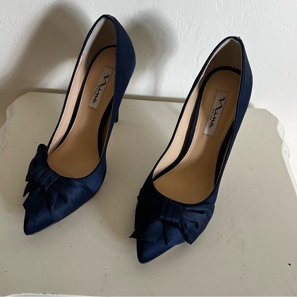 Navy Blue Nina Satin bow front high heels pump shoes